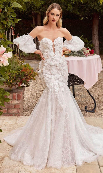 Sophisticated Strapless Floral Print Natural Waistline Plunging Neck Sheer Fitted Applique Puff Sleeves Sleeves Mermaid Wedding Dress with a Brush/Sweep Train