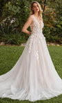 Sophisticated A-line V-neck Natural Waistline Plunging Neck Applique Sheer Open-Back Flower(s) Sleeveless Wedding Dress