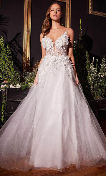 A-line V-neck Sleeveless Floral Print Tulle Open-Back Applique Self Tie Sheer Lace-Up Natural Waistline Wedding Dress