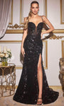 V-neck Sheath Plunging Neck Sleeveless Spaghetti Strap Beaded Slit Sheer Natural Waistline Sheath Dress with a Brush/Sweep Train