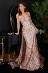 A-line V-neck Tulle Mermaid General Print Glittering Natural Waistline Off the Shoulder Evening Dress with a Brush/Sweep Train