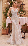 V-neck Natural Waistline Mermaid Sleeveless Back Zipper Glittering Sheer Embroidered Wedding Dress with a Brush/Sweep Train