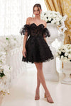 A-line Floral Print Cocktail Short Puff Sleeves Sleeves Glittering Applique Sheer Corset Natural Waistline Sweetheart Tulle Dress