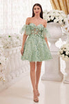 A-line Corset Natural Waistline Tulle Floral Print Puff Sleeves Sleeves Cocktail Short Sweetheart Glittering Sheer Applique Dress