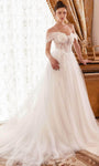Sophisticated A-line Sweetheart Off the Shoulder Draped Sheer Back Zipper Applique Corset Natural Waistline Wedding Dress