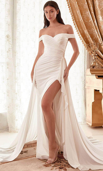 Sophisticated Sheath Satin Off the Shoulder Draped Tiered Slit Back Zipper Fitted Gathered Ruched Sweetheart Natural Waistline Sheath Dress/Wedding Dress