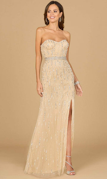 A-line Strapless Polyester Sweetheart Open-Back Slit Beaded Mesh Natural Waistline Floor Length General Print Evening Dress With Rhinestones and Pearls