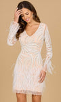 V-neck Natural Waistline Sheath Cocktail Short Long Sleeves Back Zipper Sheer Beaded Sequined Sheath Dress