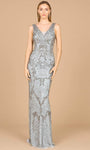 V-neck Sequined Draped Beaded Side Zipper Sheer Cowl Neck Natural Waistline Sheath Sleeveless Sheath Dress/Evening Dress with a Brush/Sweep Train