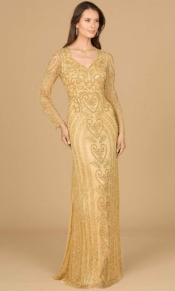 V-neck Natural Waistline Long Sleeves Sheath Floor Length Back Zipper Fitted Sequined Beaded Sheath Dress/Evening Dress with a Brush/Sweep Train