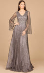 A-line V-neck Long Sleeves Natural Waistline Sheer Beaded Semi Sheer General Print Dress with a Brush/Sweep Train