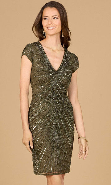 V-neck General Print Sheath Cap Sleeves Sequined Back Zipper Cutout Beaded Natural Waistline Cocktail Short Sheath Dress