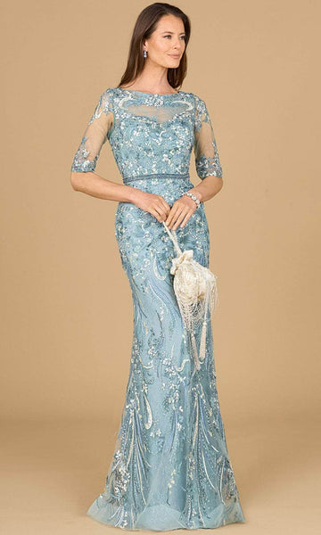 Belted Beaded Applique Illusion Elasticized Natural Waistline Bateau Neck Lace Mermaid Floral Print Elbow Length Sleeves Evening Dress with a Brush/Sweep Train