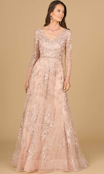 A-line V-neck Natural Waistline Lace General Print Embroidered Beaded Illusion Back Zipper Sheer Long Sleeves Evening Dress with a Brush/Sweep Train