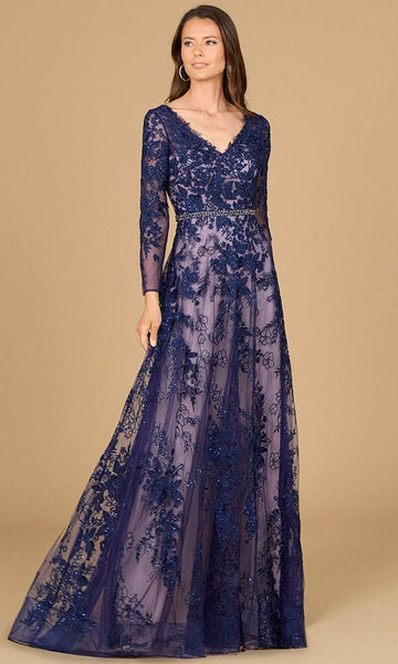 A-line V-neck General Print Long Sleeves Lace Illusion Beaded Sheer Back Zipper Embroidered Natural Waistline Evening Dress with a Brush/Sweep Train