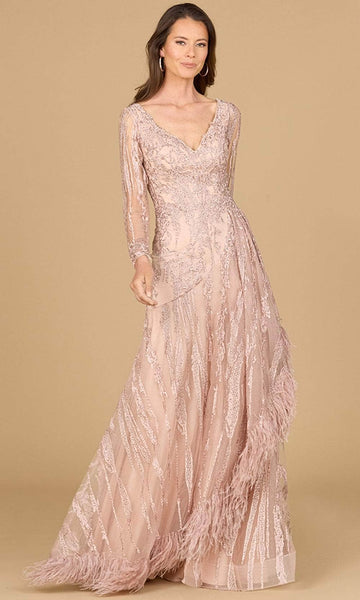 A-line V-neck Lace Asymmetric Back Zipper Sheer V Back Open-Back Beaded Wrap Natural Waistline Long Sleeves Evening Dress with a Brush/Sweep Train