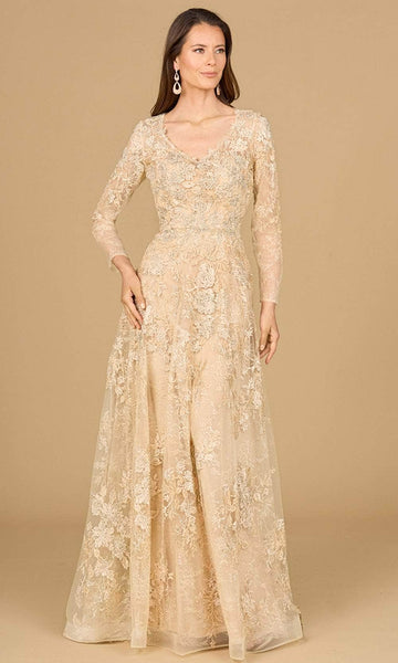 A-line V-neck Illusion Sheer Embroidered Back Zipper Long Sleeves Lace Natural Waistline Floral Print Evening Dress with a Brush/Sweep Train