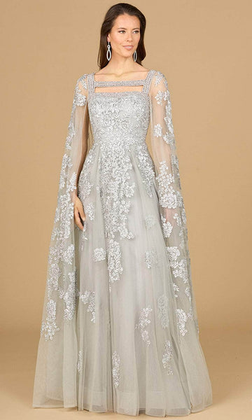 A-line Embroidered Cutout Sheer Back Zipper Square Neck Lace Natural Waistline Evening Dress with a Brush/Sweep Train With Rhinestones