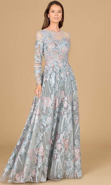 A-line Floral Print Natural Waistline Long Sleeves Jeweled Neck Jeweled Beaded Back Zipper Illusion Evening Dress with a Brush/Sweep Train