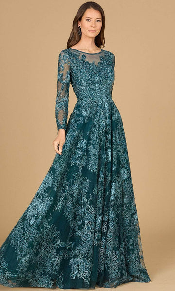 Sophisticated A-line Embroidered Sheer Back Zipper Jeweled Illusion Beaded Natural Waistline Sheer Long Sleeves Lace Jeweled Neck General Print Ball Gown Evening Dress with a Brush/Sweep Train