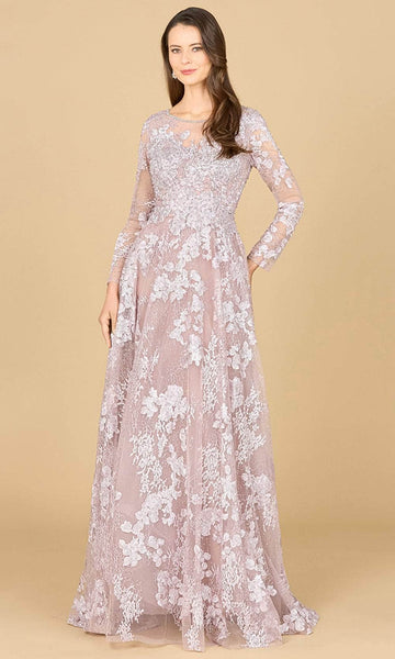 Sophisticated A-line Beaded Sheer Back Zipper Illusion Embroidered Jeweled Jeweled Neck General Print Lace Sheer Long Sleeves Natural Waistline Ball Gown Evening Dress with a Brush/Sweep Train