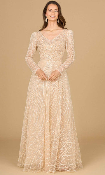 A-line V-neck Lace Embroidered Back Zipper Long Puff Sleeves Sleeves Natural Waistline Mother-of-the-Bride Dress