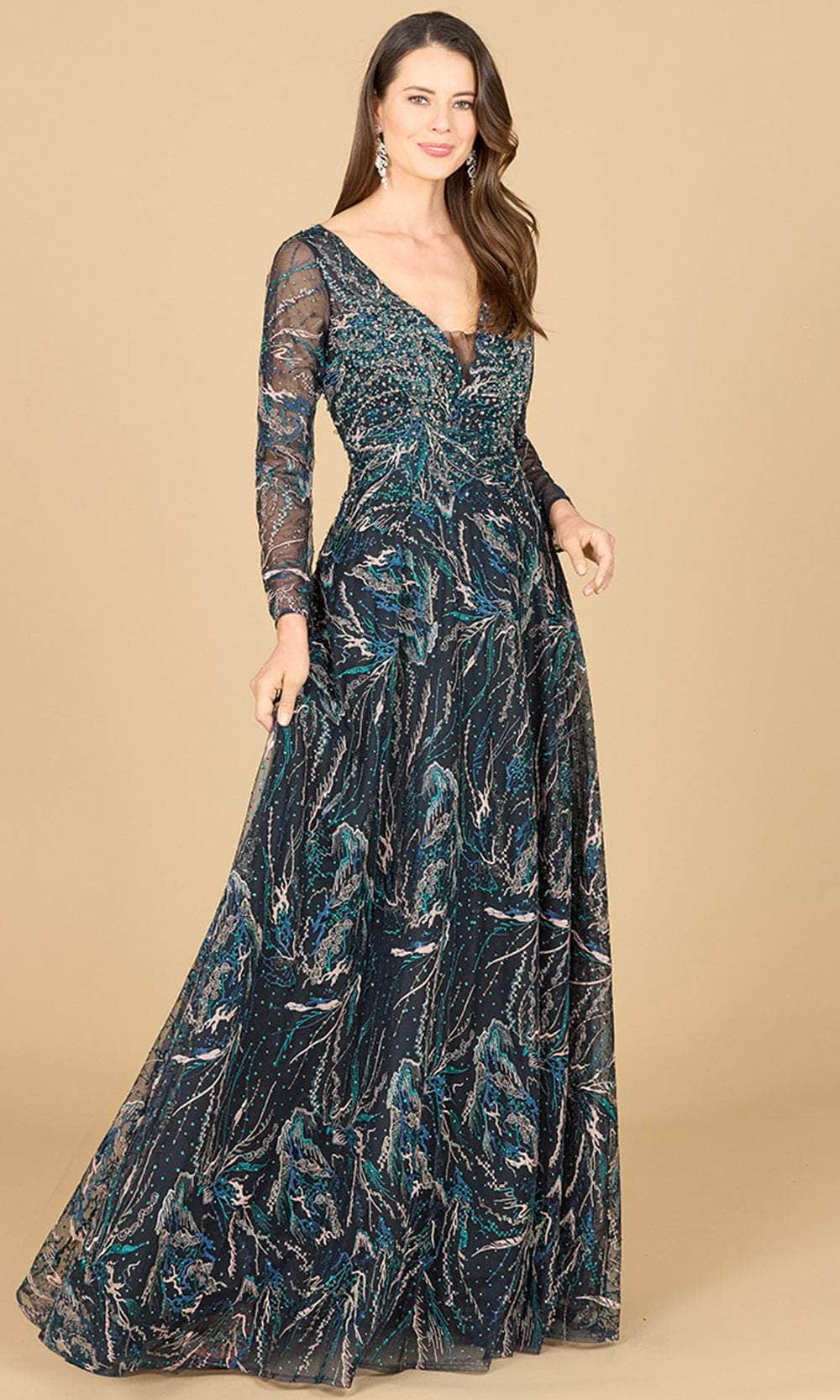 Lara Dresses 29153 - Sheer Long Sleeve Embroidered Ballgown
