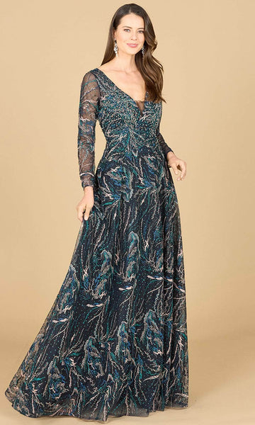 Sophisticated Modest V-neck Natural Waistline Back Zipper Embroidered Sheer Long Sleeves Floral Print Ball Gown Evening Dress/Mother-of-the-Bride Dress