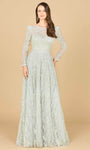 Sophisticated A-line Bateau Neck Natural Waistline Lace Floor Length Illusion Back Zipper Beaded Long Sleeves Evening Dress