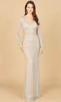 V-neck Sheath Long Sleeves Fitted Beaded Back Zipper Natural Waistline Sheath Dress/Evening Dress with a Brush/Sweep Train