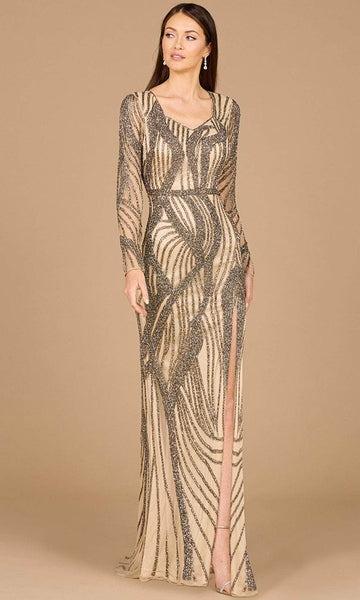 Sheath Slit Back Zipper Sequined Sheer Beaded Queen Anne Neck Natural Waistline Long Sleeves Sheath Dress/Evening Dress with a Brush/Sweep Train