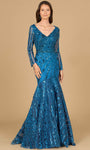 V-neck Long Sleeves Mermaid Fitted Back Zipper Natural Waistline Evening Dress with a Brush/Sweep Train