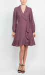 A-line V-neck Polyester Long Sleeves Cocktail Short Collared Natural Waistline Faux Wrap Back Zipper Dress With Ruffles