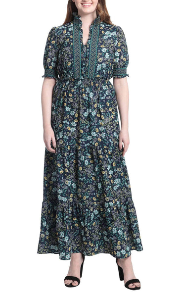 Sophisticated A-line V-neck Floral Print Banding Back Zipper Embroidered Puff Sleeves Elbow Length Sleeves Natural Waistline Dress