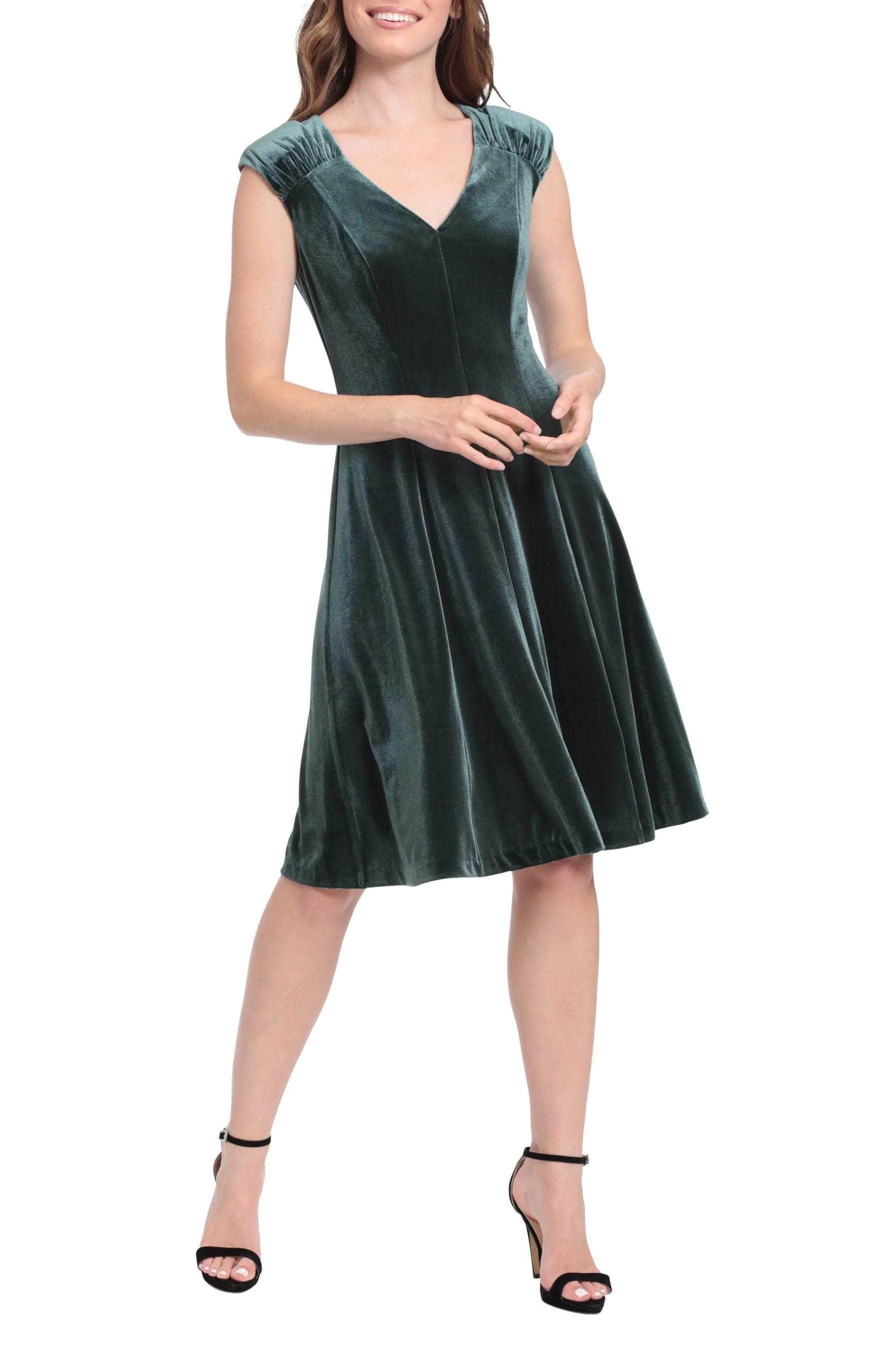 London Times T6501M - Velvet Ruched Cap Sleeve Cocktail Dress
