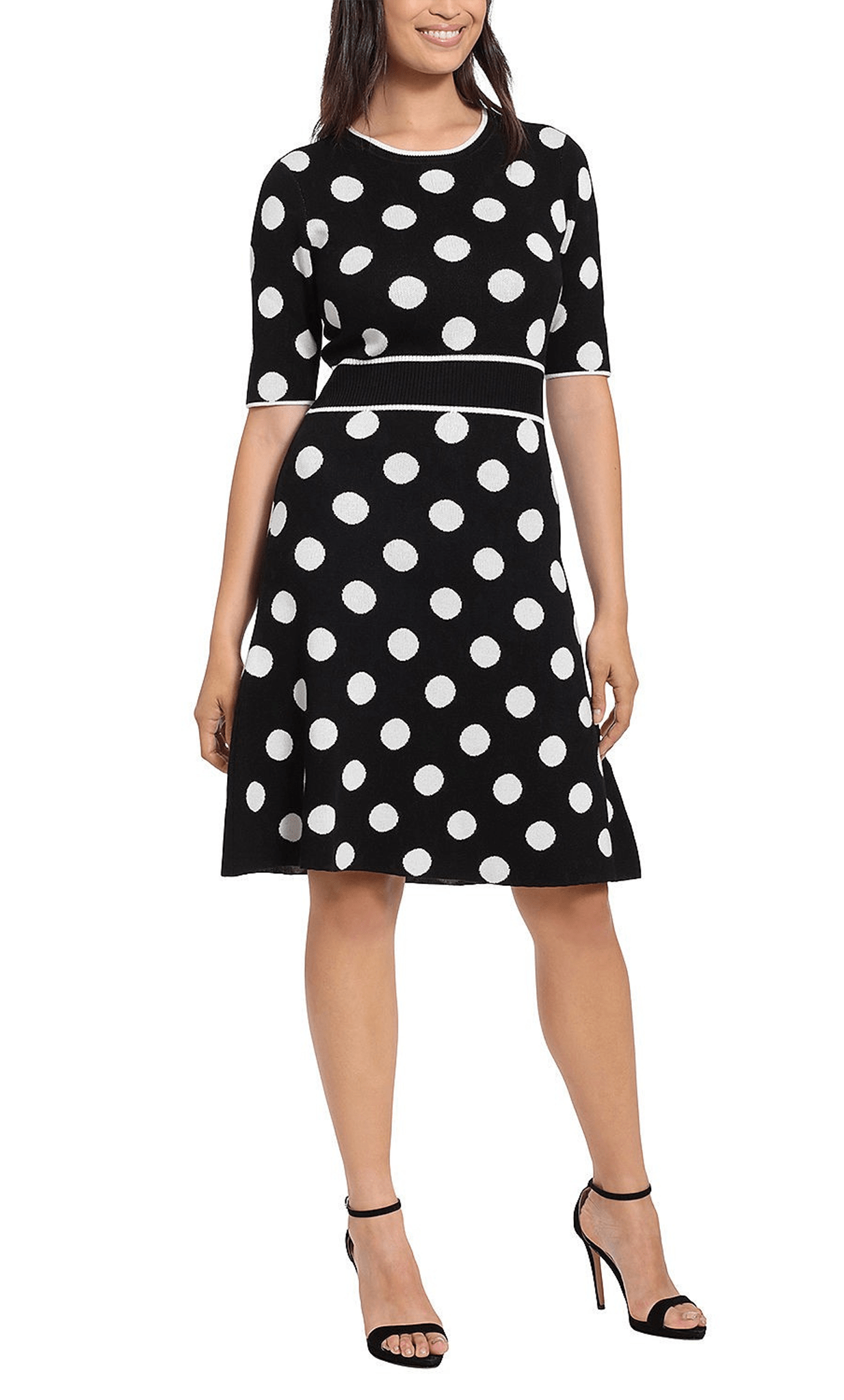 A-line Natural Waistline Short Fall Polka Dots Print Knit Elbow Length Sleeves Scoop Neck Dress