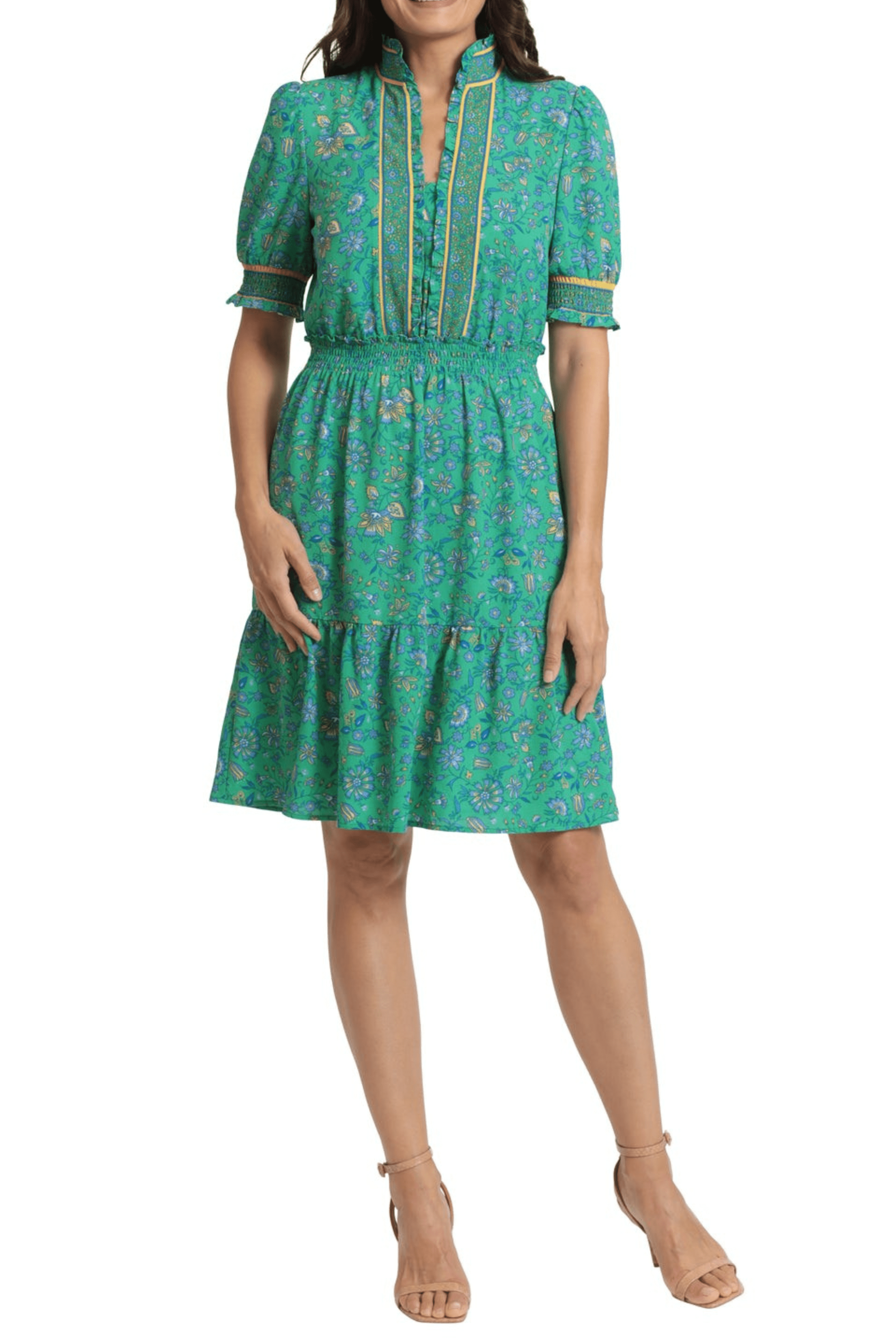 London Times T6656M - Smocked Short Sleeve A-Line Cocktail Dress
