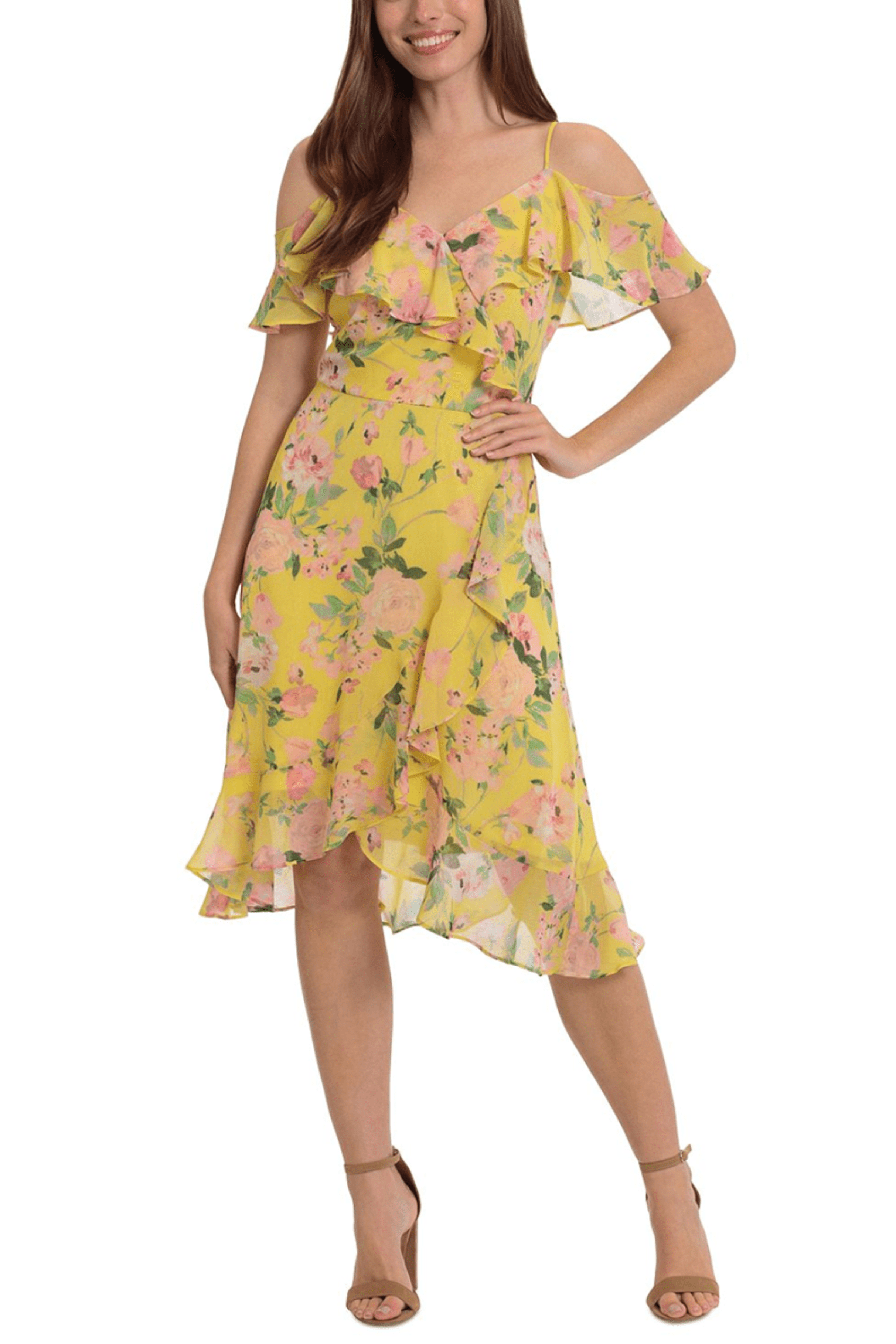 London Times T6748M - Cold Shoulder Floral Printed Formal Dress
