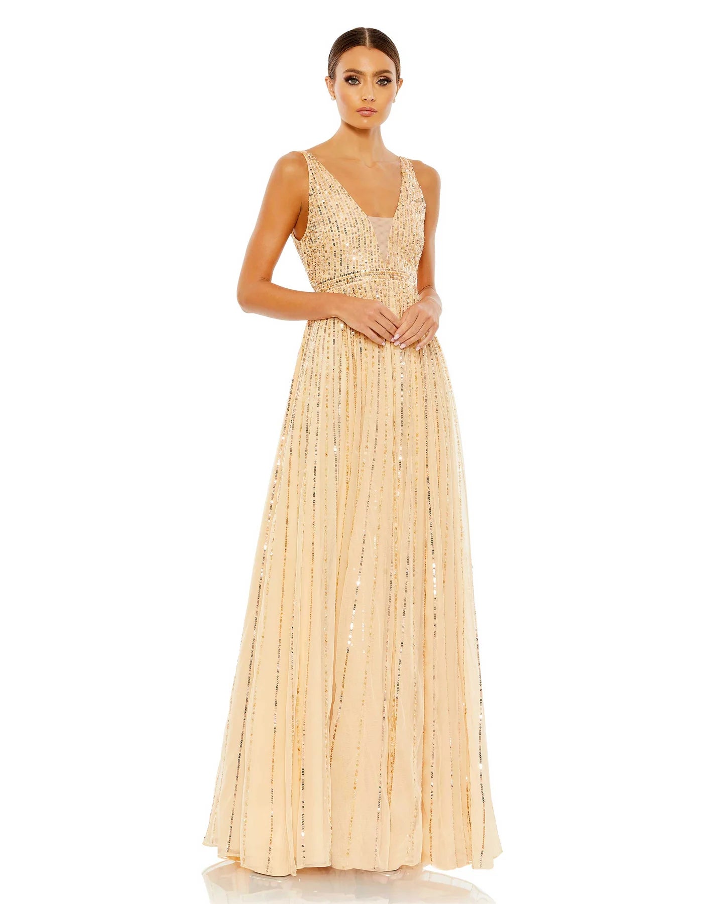 Sexy A-line V-neck Sleeveless Natural Waistline Plunging Neck Open-Back Fitted Sequined Sheer Floor Length Dress with a Brush/Sweep Train