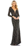 V-neck Illusion Back Zipper Semi Sheer Beaded Natural Waistline Long Sleeves Sheath Floral Print Plunging Neck Sheath Dress/Evening Dress with a Brush/Sweep Train