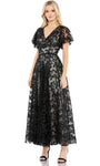 Modest A-line V-neck Flutter Short Sleeves Sleeves Belted Sheer Back Zipper Beaded Embroidered Floral Print Natural Waistline Cocktail Floor Length Dress