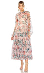 A-line Floral Print Cocktail Tea Length Natural Waistline Bishop Sleeves Tiered Back Zipper High-Neck Dress With Ruffles