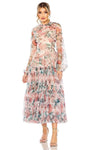 A-line Floral Print Bishop Sleeves High-Neck Natural Waistline Back Zipper Tiered Cocktail Tea Length Dress With Ruffles