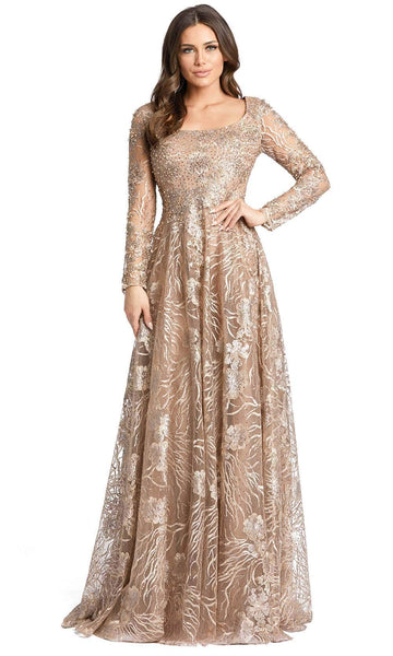 Sophisticated A-line Polyester Hidden Back Zipper Beaded Embroidered Sheer Jeweled Vintage Semi Sheer Sequined Long Sleeves Natural Waistline Square Neck Evening Dress with a Brush/Sweep Train