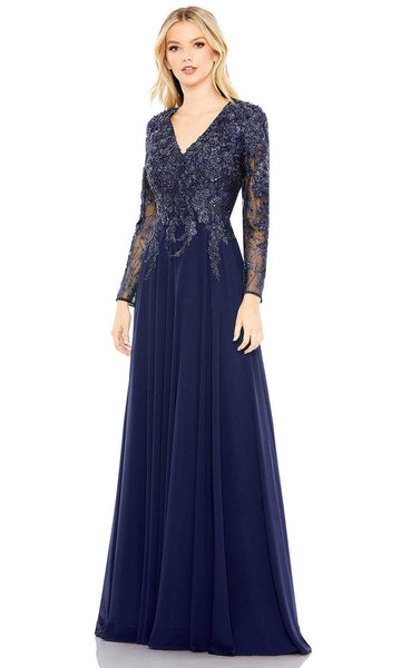 A-line V-neck Natural Waistline Long Sleeves Floral Print Beaded Mesh Hidden Back Zipper Applique Sequined Embroidered Sheer Evening Dress with a Brush/Sweep Train