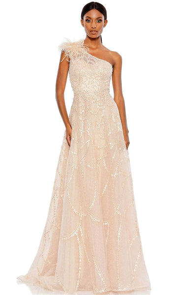 A-line Natural Waistline Cap Sleeves One Shoulder Floor Length Open-Back Embroidered Beaded Sheer Illusion Asymmetric Evening Dress/Prom Dress/Party Dress with a Brush/Sweep Train