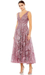 Tall A-line V-neck Floral Print Sleeveless Mesh Beaded Illusion Back Zipper Sheer Embroidered Open-Back Natural Waistline Cocktail Tea Length Dress