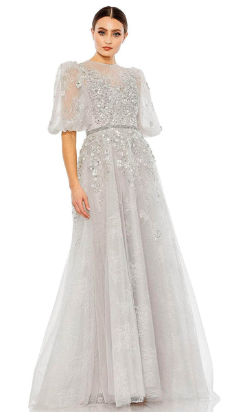 A-line High-Neck Natural Waistline Puff Sleeves Sleeves Beaded Illusion Applique Mesh Belted Floral Print Mother-of-the-Bride Dress with a Brush/Sweep Train