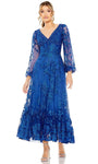 A-line V-neck Polyester Empire Waistline Cocktail Tea Length Hidden Back Zipper Mesh Sheer Sheer Back Embroidered Illusion Beaded Floral Print Bishop Puff Sleeves Sleeves Dress With Ruffles