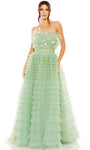 Sophisticated A-line Strapless Back Zipper Tiered Natural Waistline Prom Dress with a Brush/Sweep Train With Ruffles